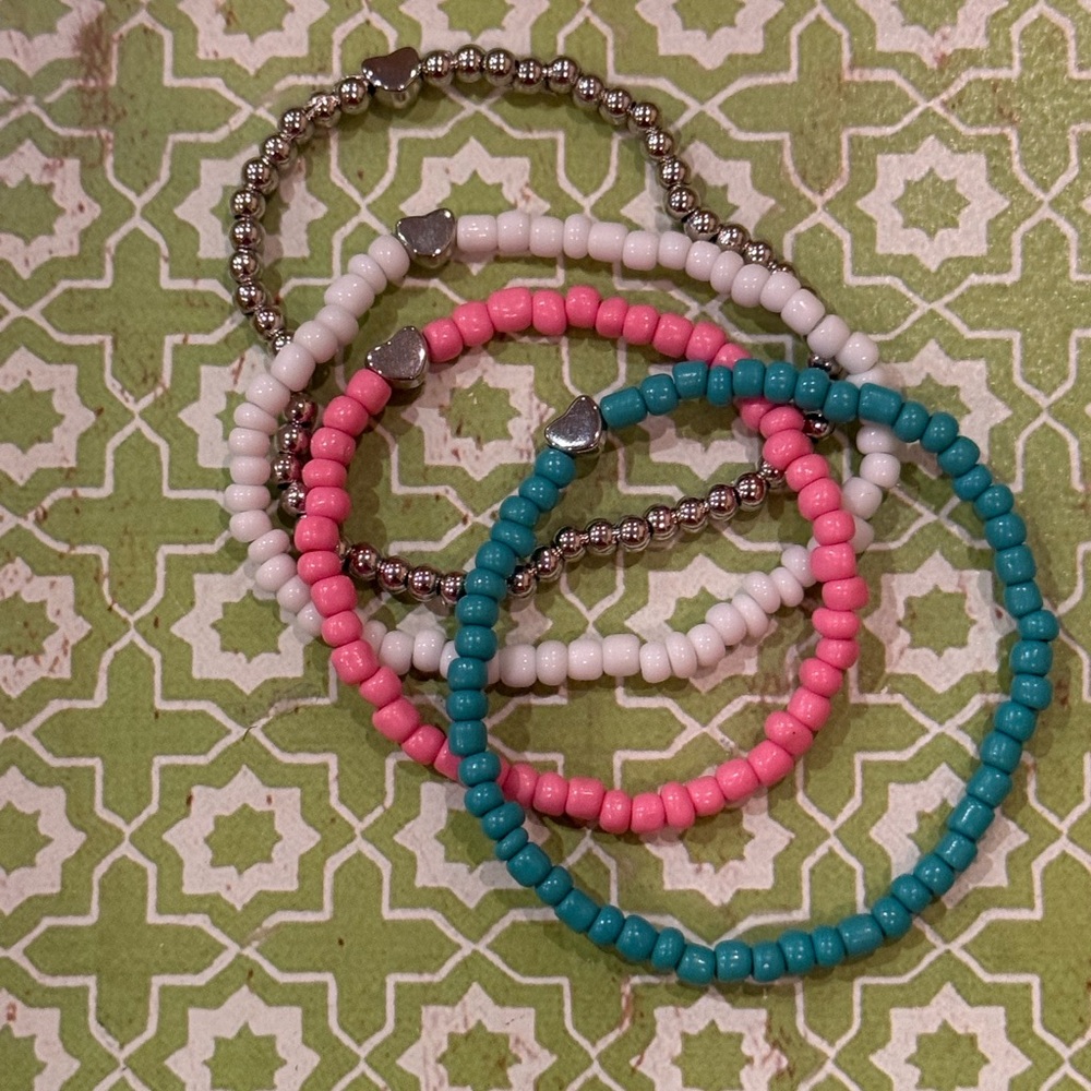 Pastel Heart Beaded Stretch Bracelet Stack – Teal, Pink & White – 4 Piece Set - Picture 8 of 9